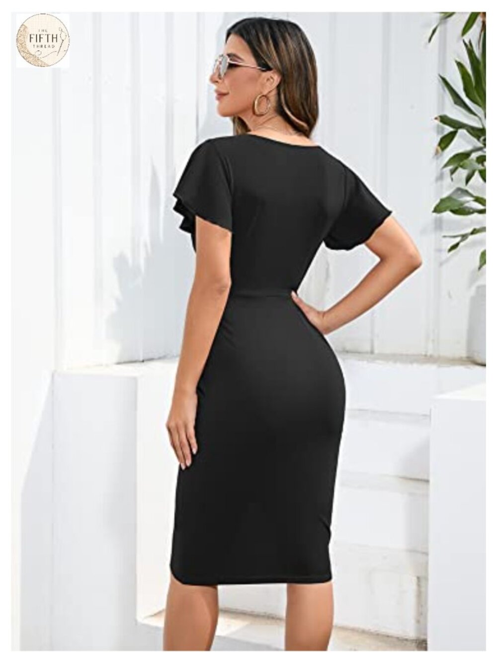 Womens V Neck Ruffle Sleeve Ruched Bodycon Cocktail Dress